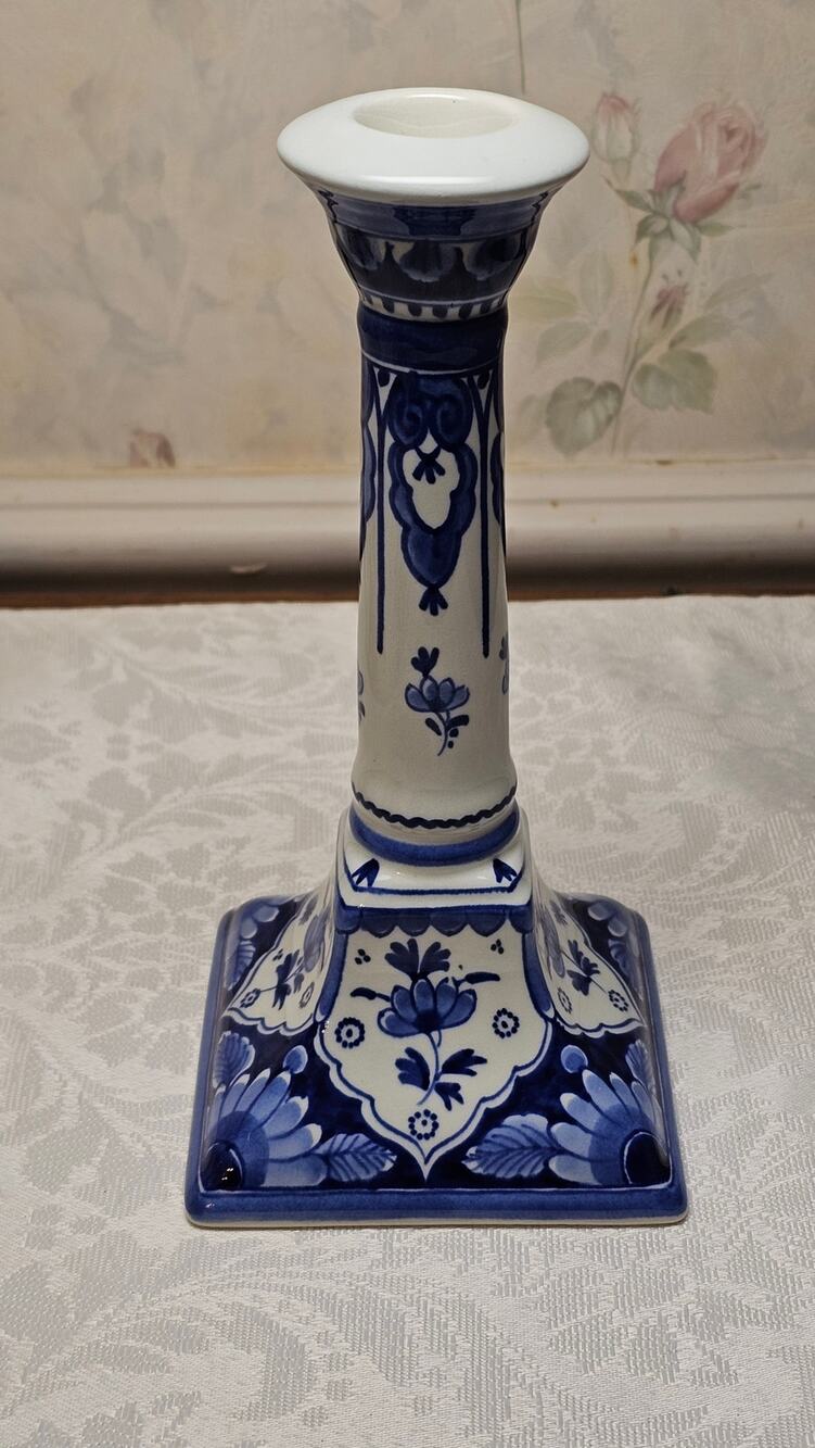 Vintage Royal Delft De Porceleyne Fles Hand Painted Blue White Candlestick 1978